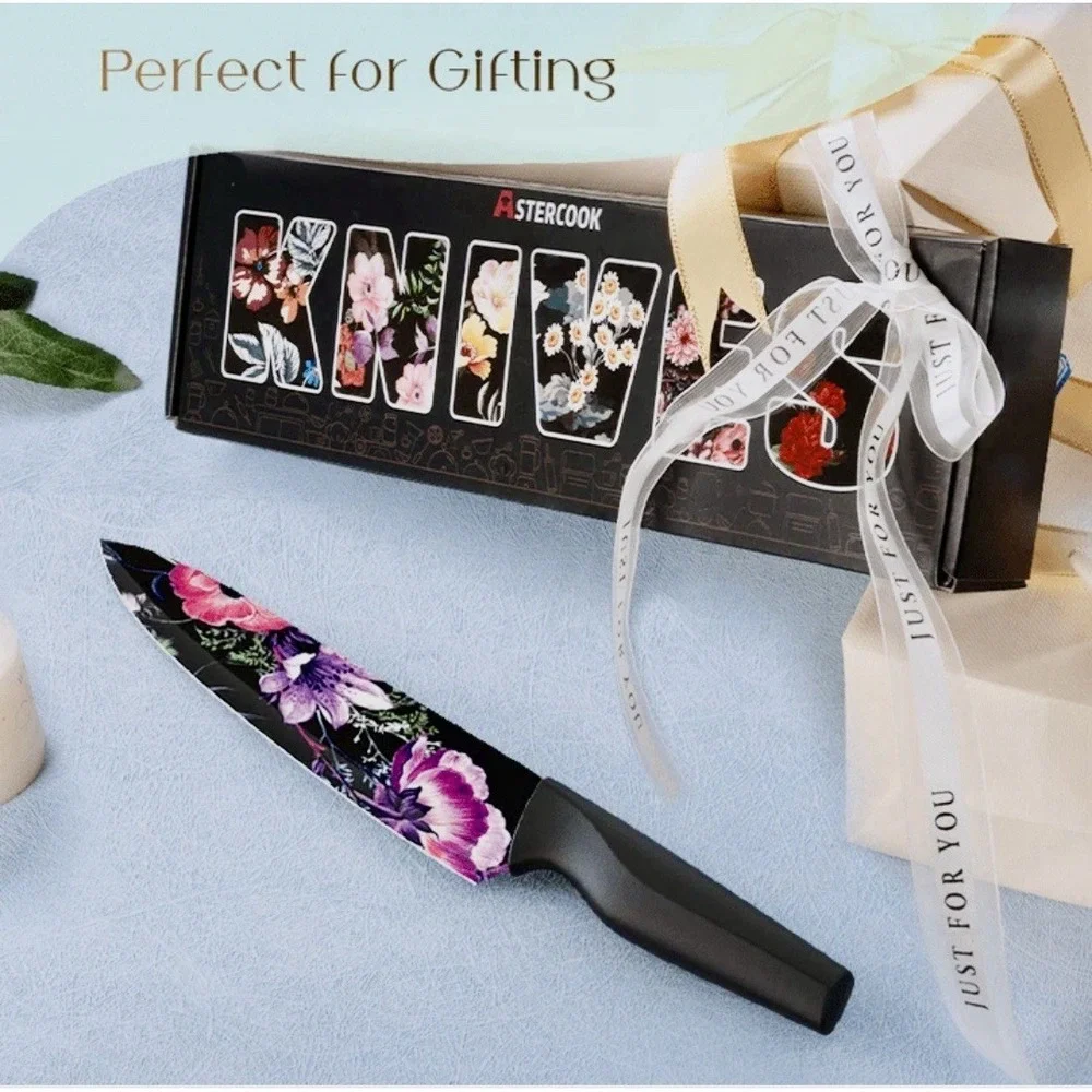 Astercook Knife Set 6 Piece Flower Kitchen Stainless Steel 6 Blade Guards Black